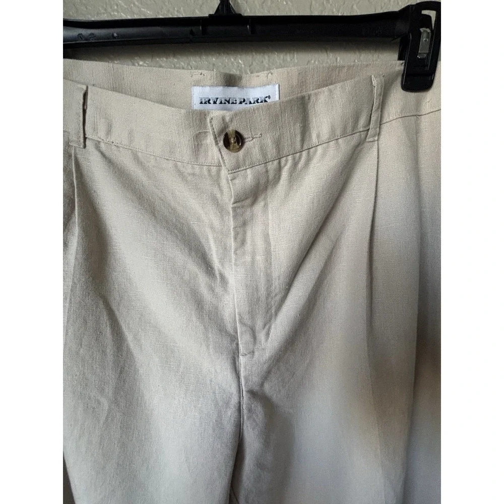Men's 46x 32 Linen Cotton Pleated Dress Pants Beige Cuffed Irvine Park